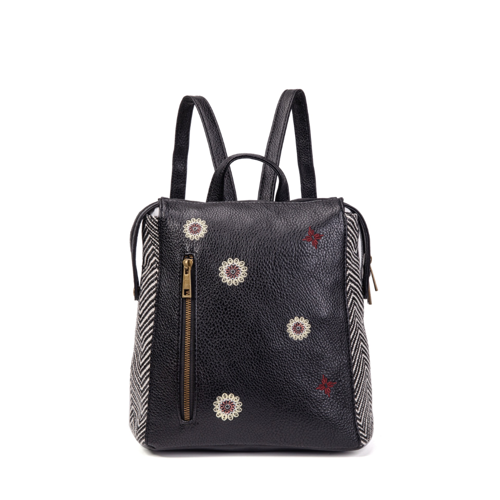 Mochila de Mujer en Polipiel con Detalles Bordados–Sara Bags
