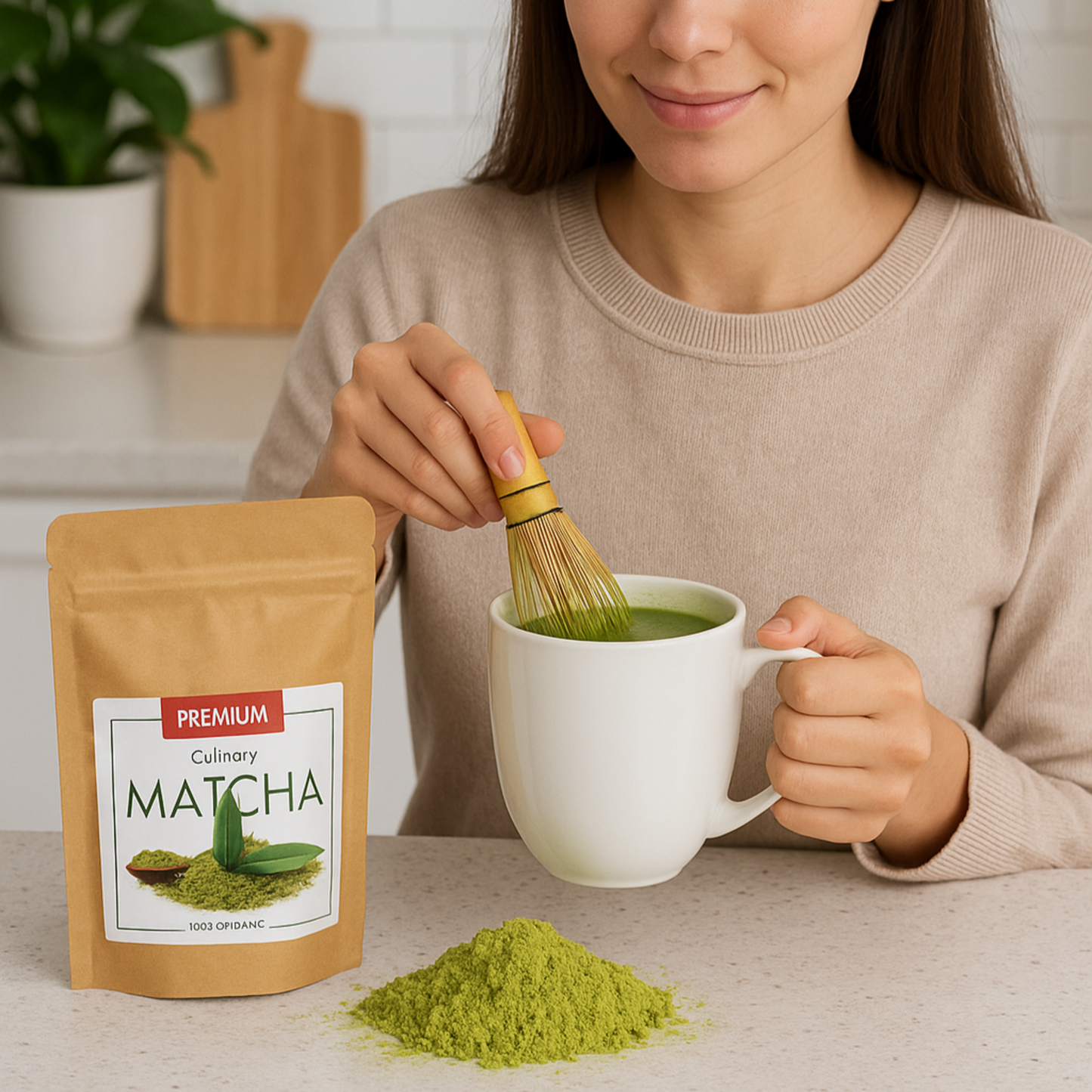 MUJER PREPARANDO SU TE MATCHA