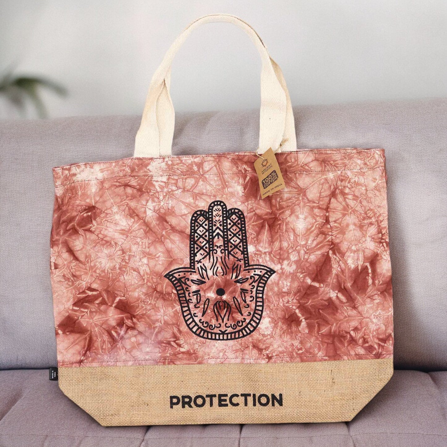 Bolso natural Hamsa terracota – Yute y algodón 50x42 cm