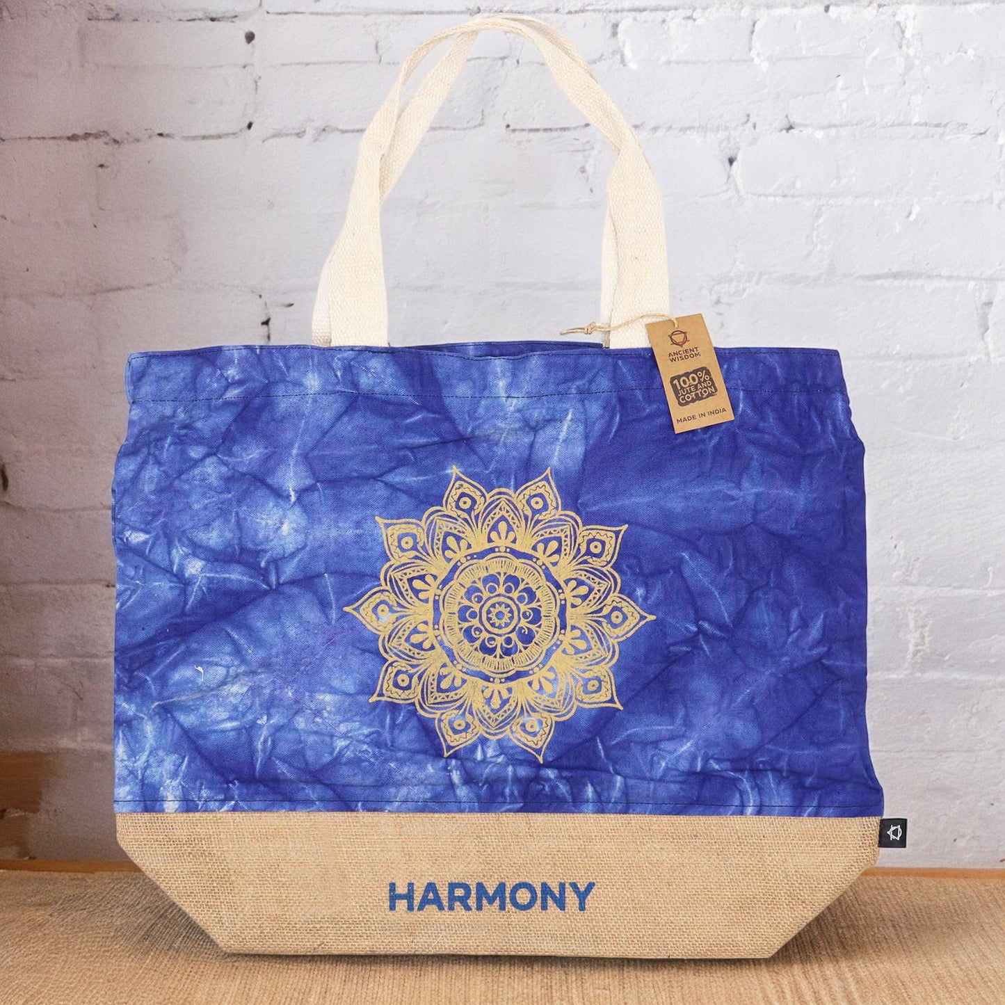 Bolso natural Mandala azul – Yute y algodón 50x42 cm