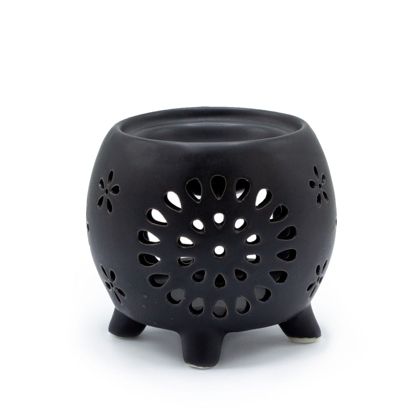 Quemador de Aceite Negro Mate – Diseño Flor en Maceta