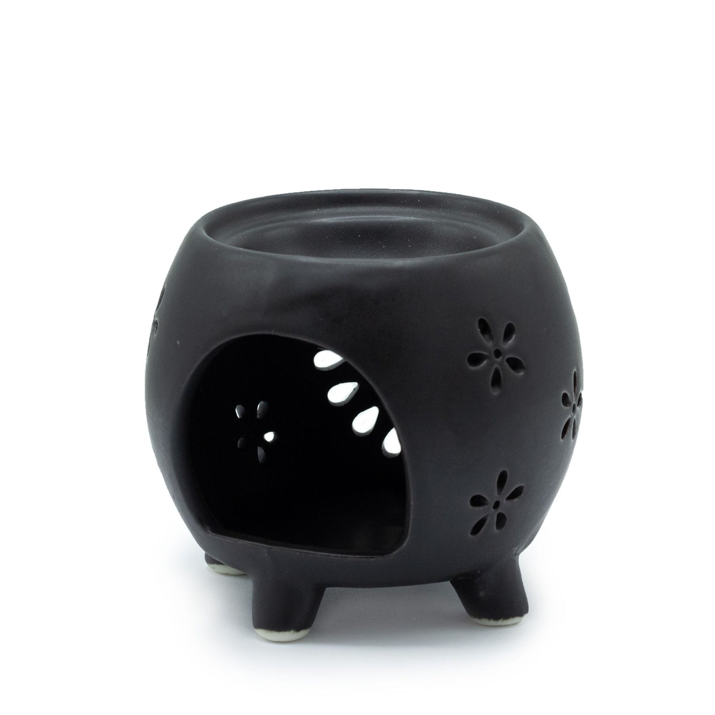Quemador de Aceite Negro Mate – Diseño Flor en Maceta