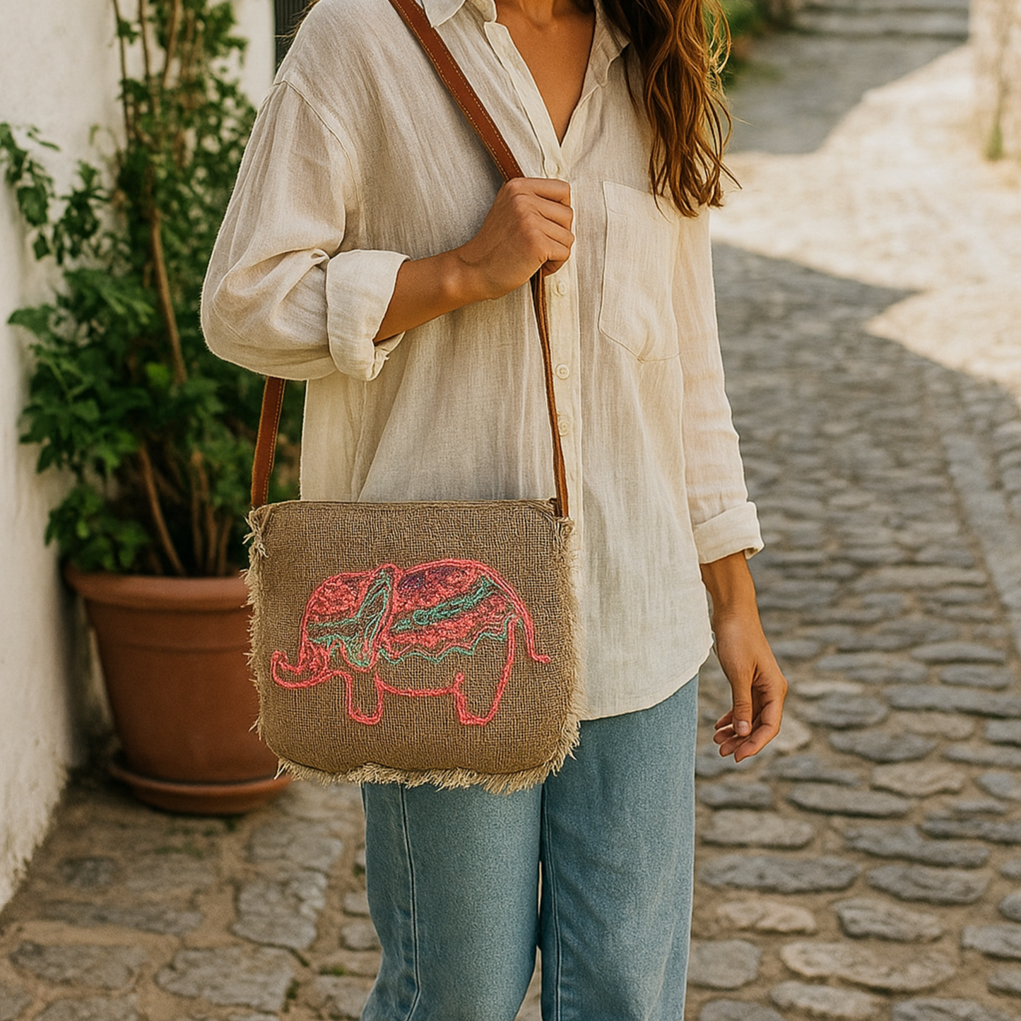 Bolso de Yute con Bordado de Elefante – Estilo Artesanal