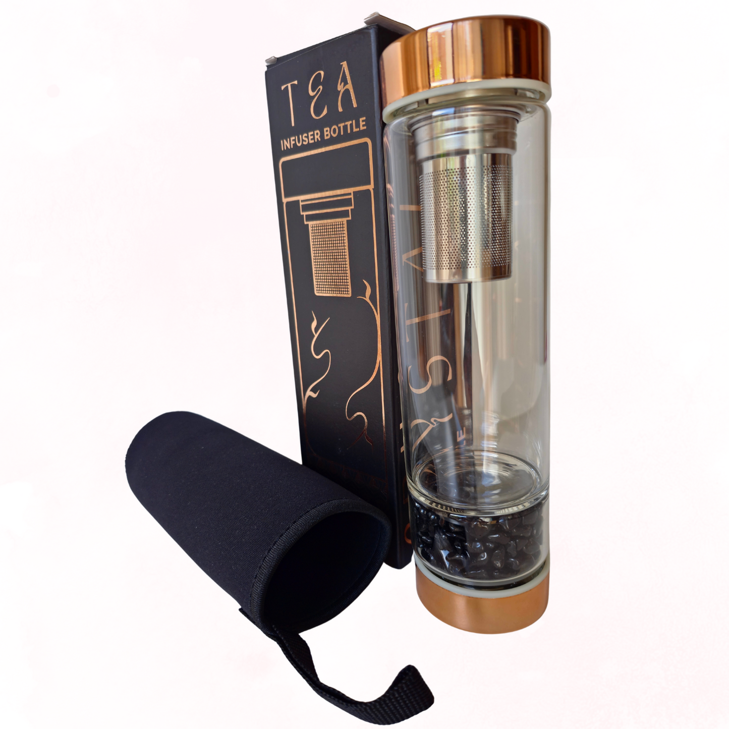 Botella de Cristal para Infusión de Té - Oro Rosa - Ónix