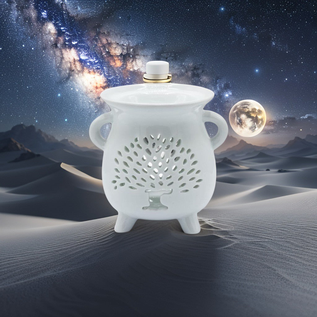 Quemador de Aceite Blanco – Caldero con Árbol de la Vida