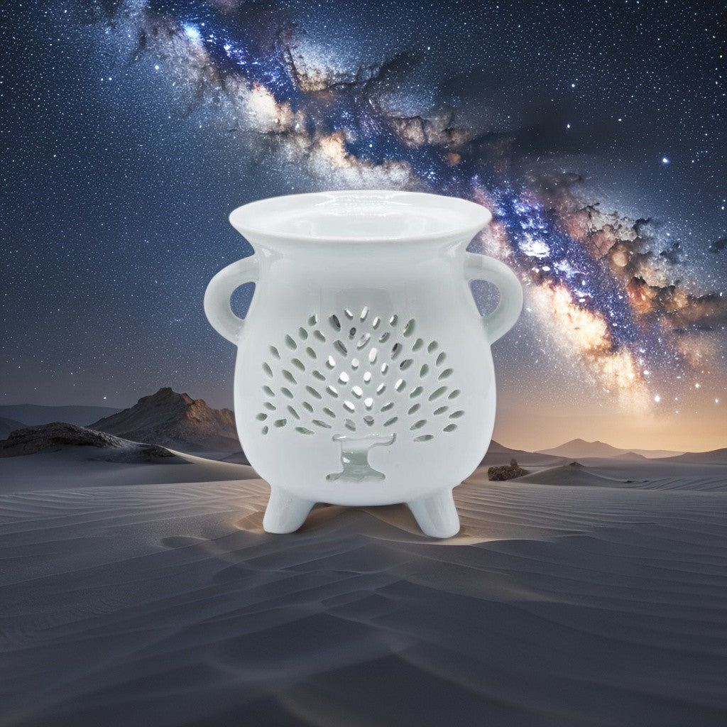 Quemador de Aceite Blanco – Caldero con Árbol de la Vida