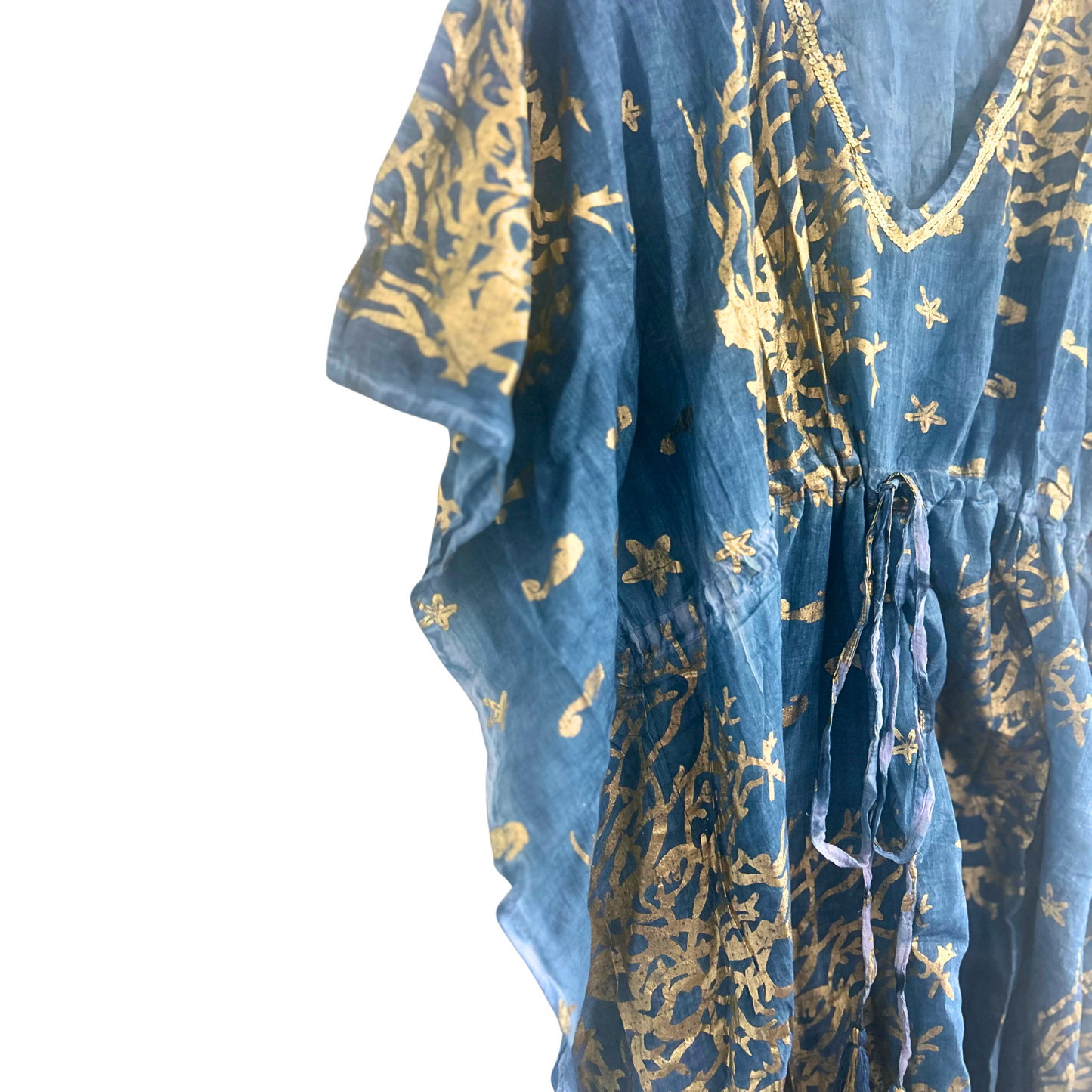 Kaftán azul marino con detalles dorados – Estilo coral, 100% algodón