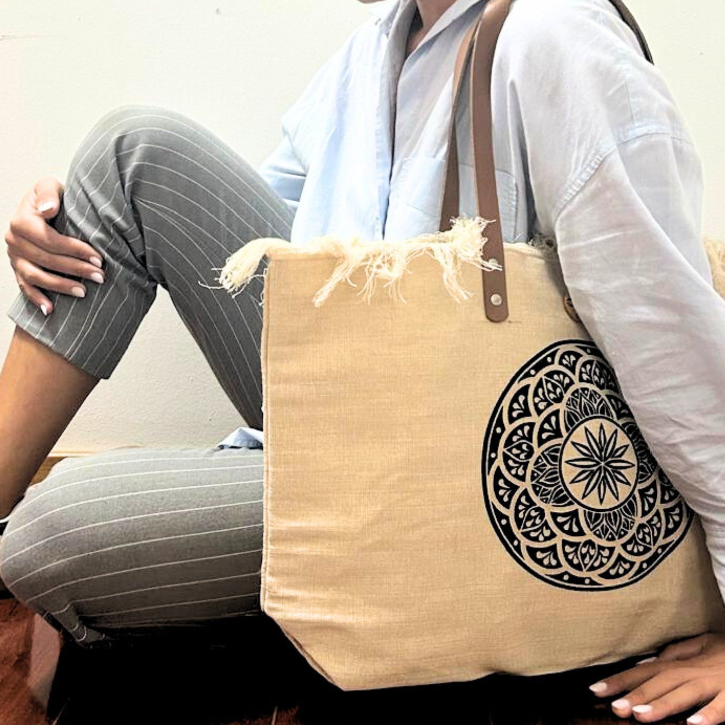 Bolso Boho de Lienzo de Algodón con Asas – Flor de la Vida Circular