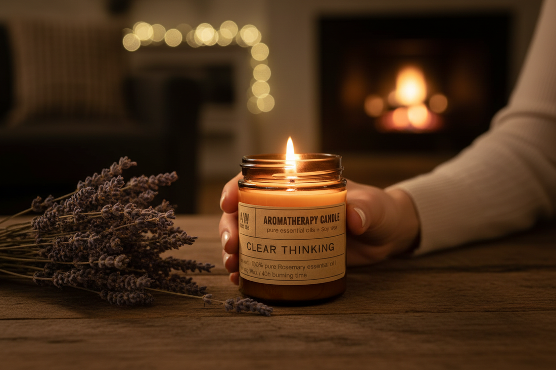 Manos encendiendo una vela aromática de romero en tarro ámbar con lavanda seca para crear ambiente en casa - Viva Esencia