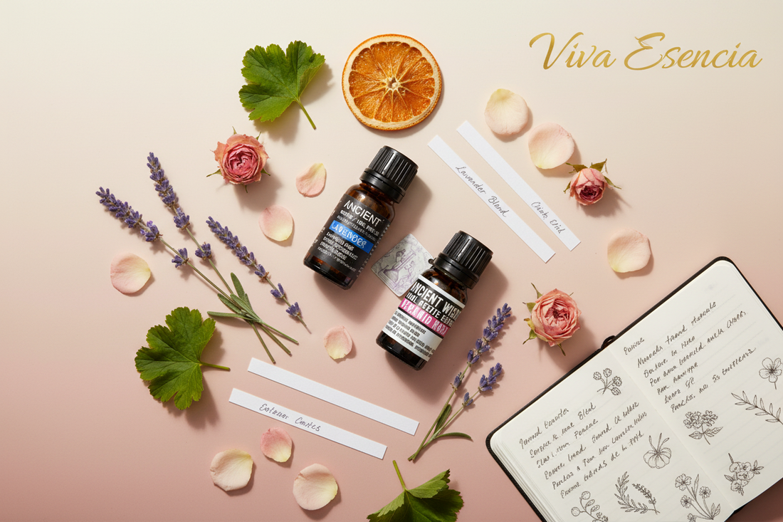 Frascos de aceites esenciales de lavanda y geranio rosa con botanicals naturales para mezclar aromas en casa - Viva Esencia