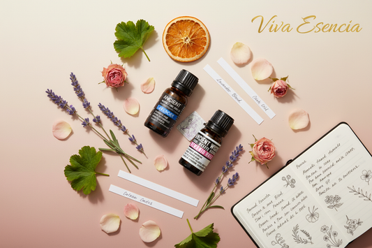 Frascos de aceites esenciales de lavanda y geranio rosa con botanicals naturales para mezclar aromas en casa - Viva Esencia
