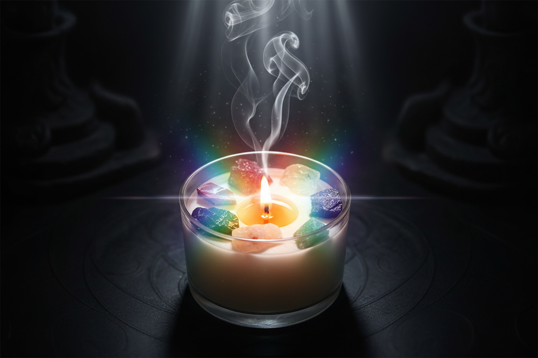Vela Chakra Crystal Candle con 7 piedras naturales en círculo — jaspe rojo, cristal naranja, citrino, aventurina verde, sodalita, amatista y cuarzo blanco — sobre fondo oscuro con luz de luna y destellos de color
