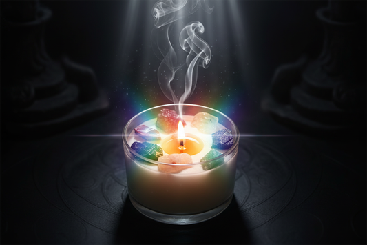 Vela Chakra Crystal Candle con 7 piedras naturales en círculo — jaspe rojo, cristal naranja, citrino, aventurina verde, sodalita, amatista y cuarzo blanco — sobre fondo oscuro con luz de luna y destellos de color