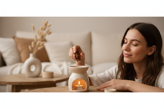 Mujer añadiendo aceite esencial en quemador de cerámica con vela encendida para aromatizar el hogar - Viva Esencia
