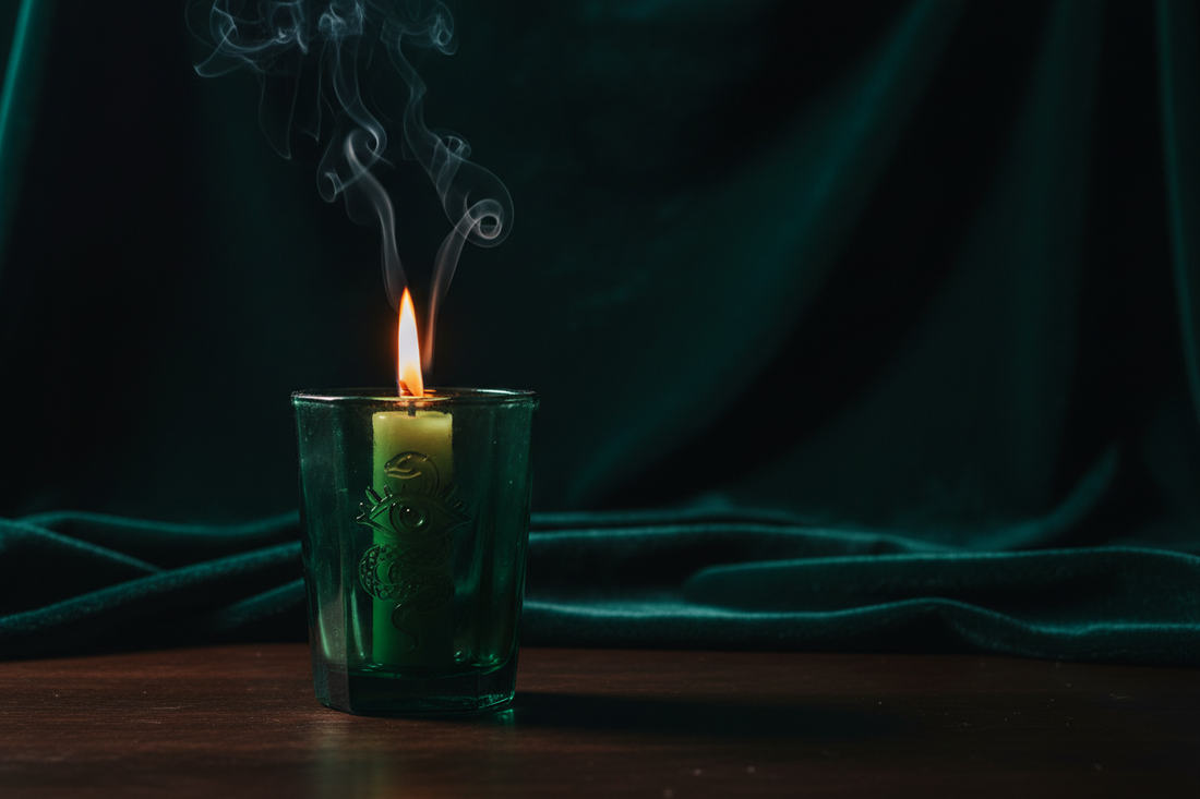 Vela decorativa en tarro de vidrio verde con símbolo grabado, sobre fondo oscuro con iluminación dramática y humo sutil