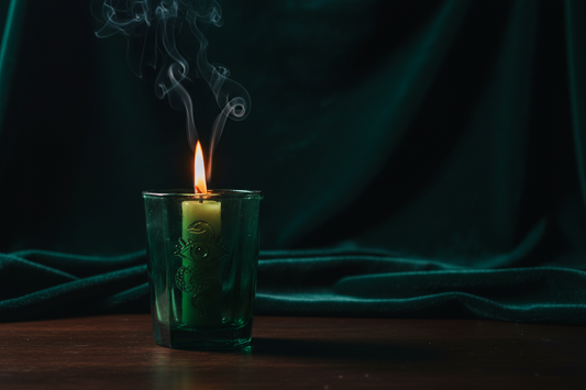 Vela decorativa en tarro de vidrio verde con símbolo grabado, sobre fondo oscuro con iluminación dramática y humo sutil