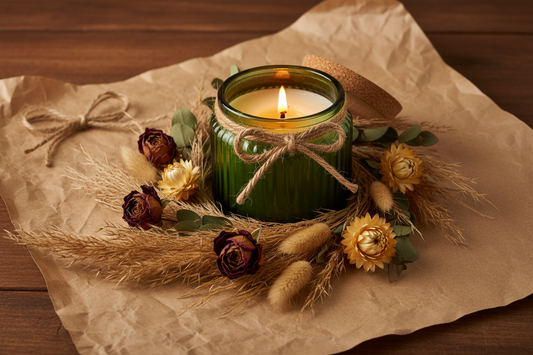 Vela artesanal de soja en tarro de vidrio verde con tapa de corcho sobre papel kraft, rodeada de flores secas, lista para regala