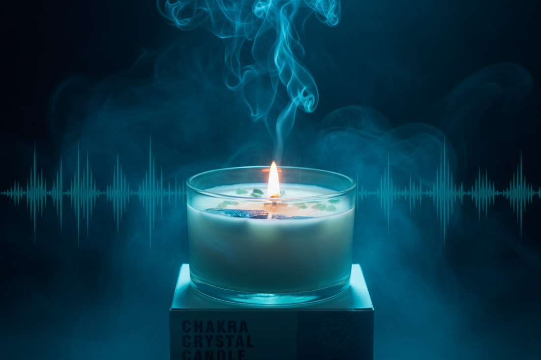 Vela de Cristal Chakra de la Garganta con sodalita azul y jade verde sobre fondo oscuro azul con niebla fresca y luz de vela