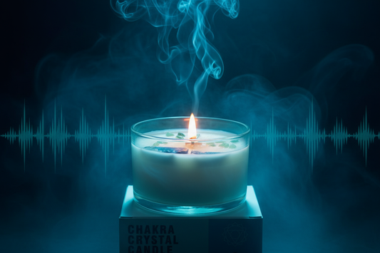 Vela de Cristal Chakra de la Garganta con sodalita azul y jade verde sobre fondo oscuro azul con niebla fresca y luz de vela