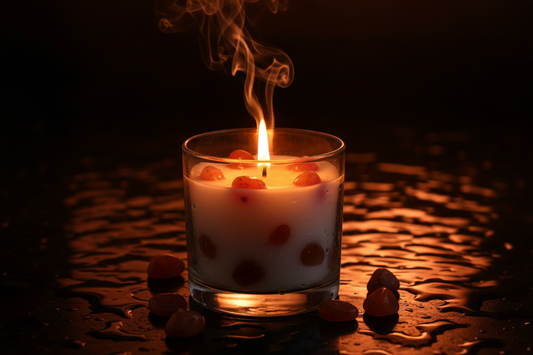 Vela de Cristal Chakra del Sacro con cristales naranjas sobre fondo oscuro con tonos cálidos y reflejos de agua