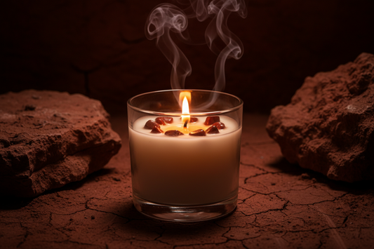 Vela de Cristal Chakra Raíz con jaspe rojo sobre fondo oscuro y terroso con luz cálida de vela — grounding y mística