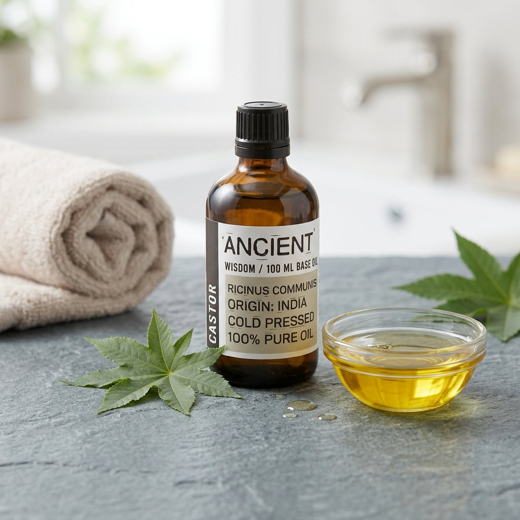 Textura densa del aceite de ricino, ideal para rutinas de autocuidado y masajes corporales
