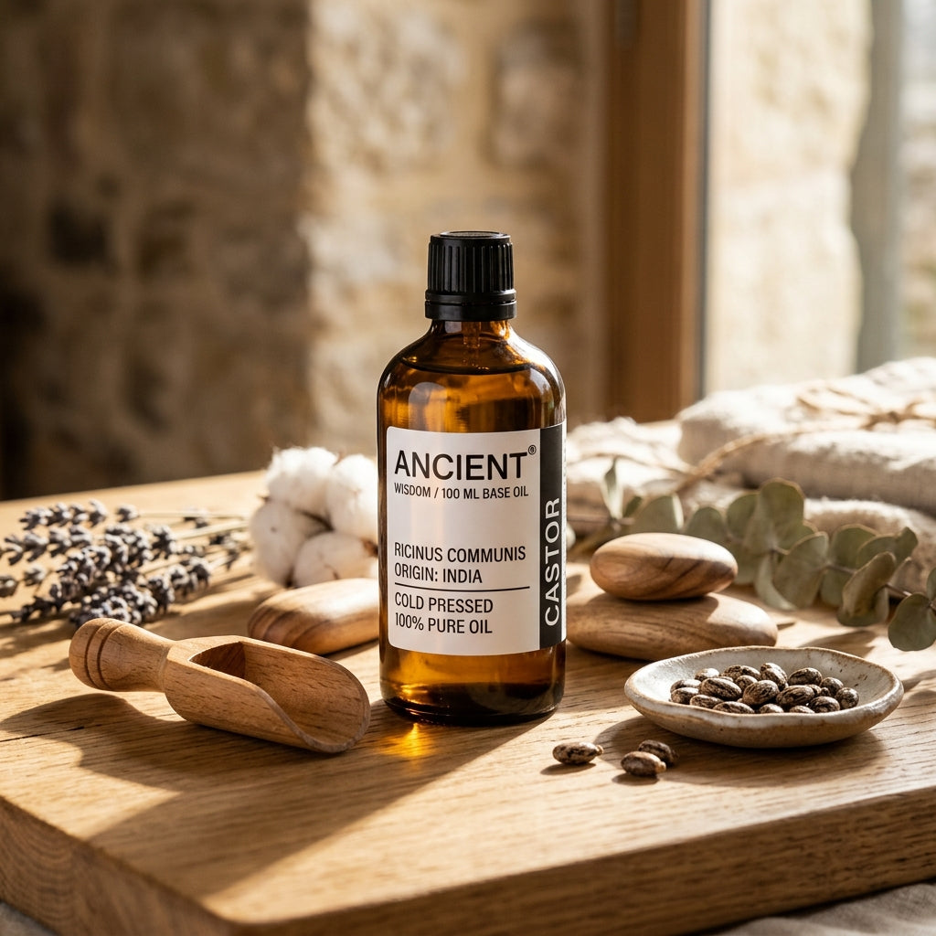 Textura densa del aceite de ricino, ideal para rutinas de autocuidado y masajes corporales