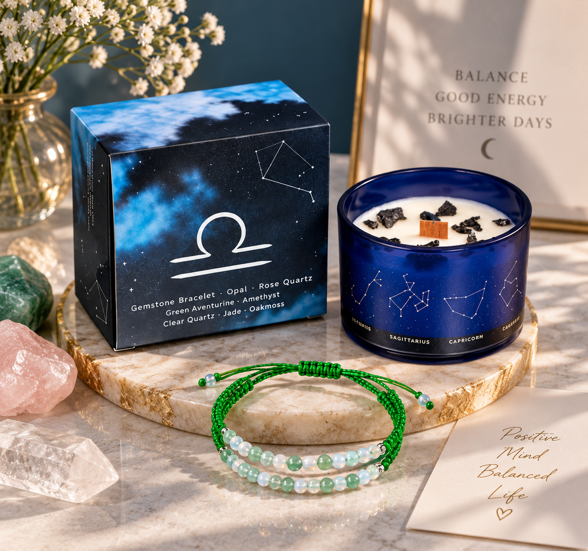 Vela del zodiaco Libra con pulsera de piedras naturales y caja de regalo, sobre superficie clara con decoración elegante