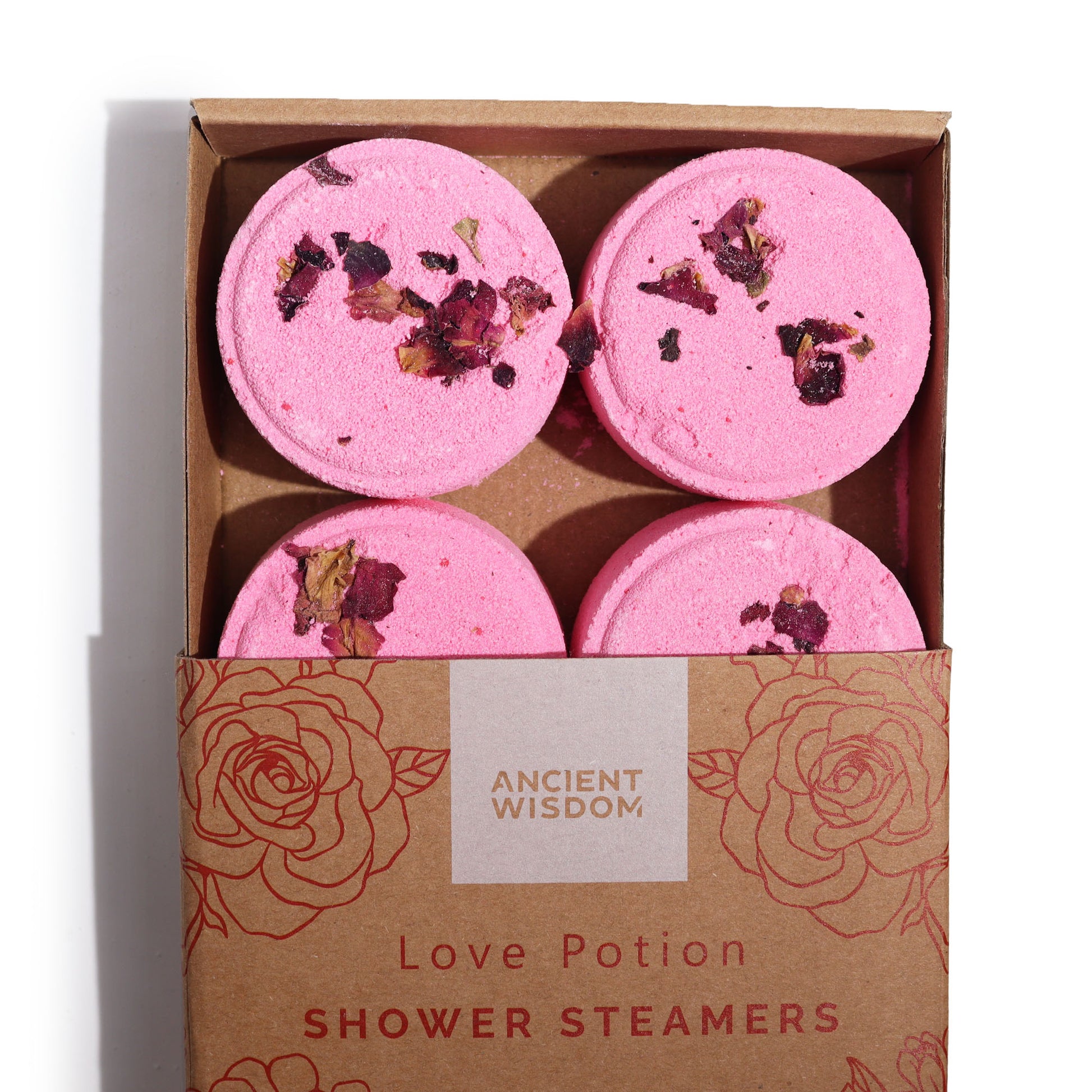 imagen de un paquete vaporizante de ducha posión de amor, con  petalos de rosa natural