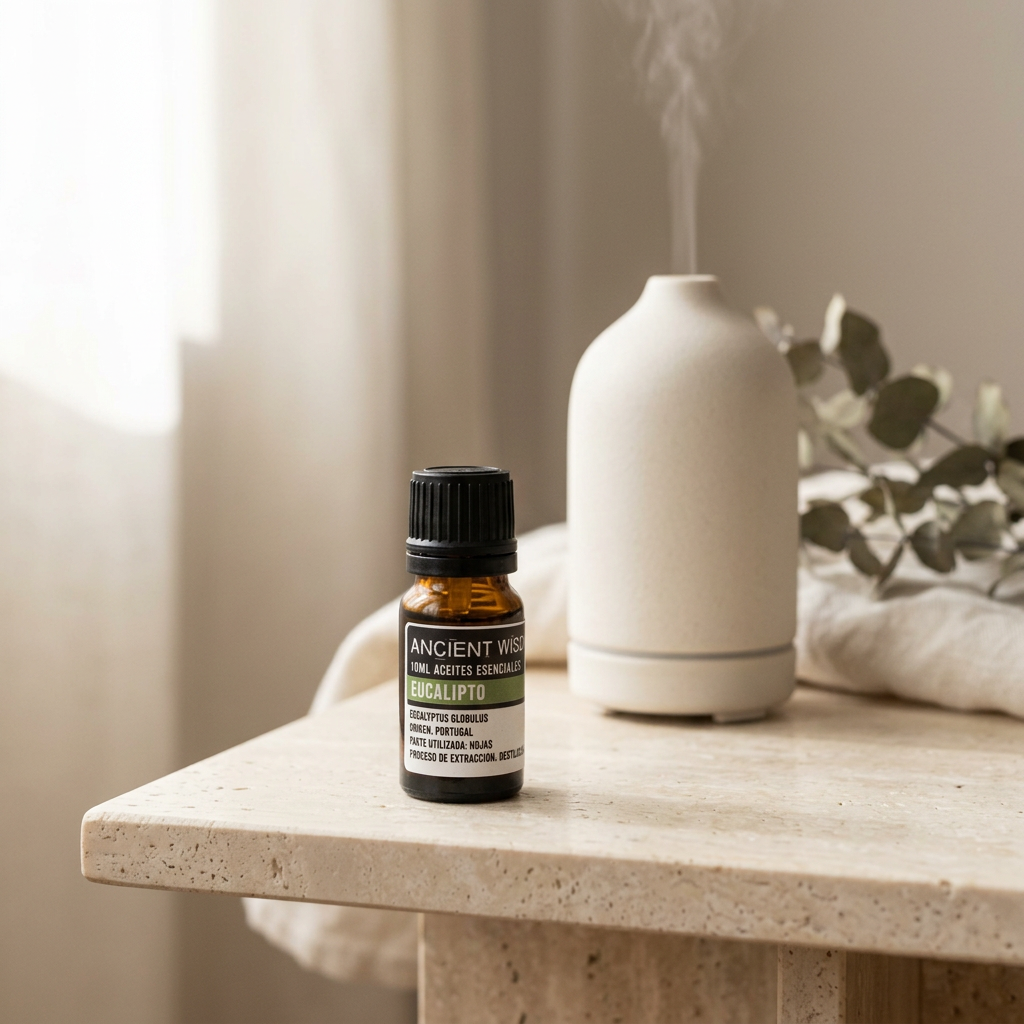 Aceite de eucalipto en una escena de uso junto a un difusor, en formato cuadrado