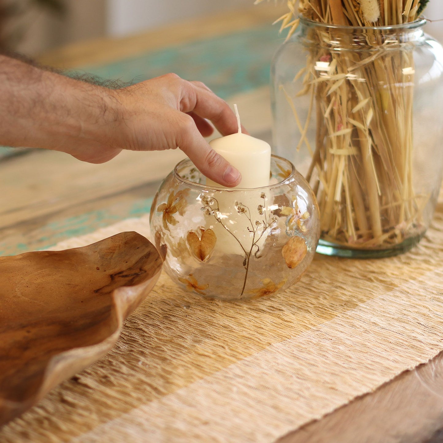 Portavelas de vidrio floral natural – Cuenco grande rosa