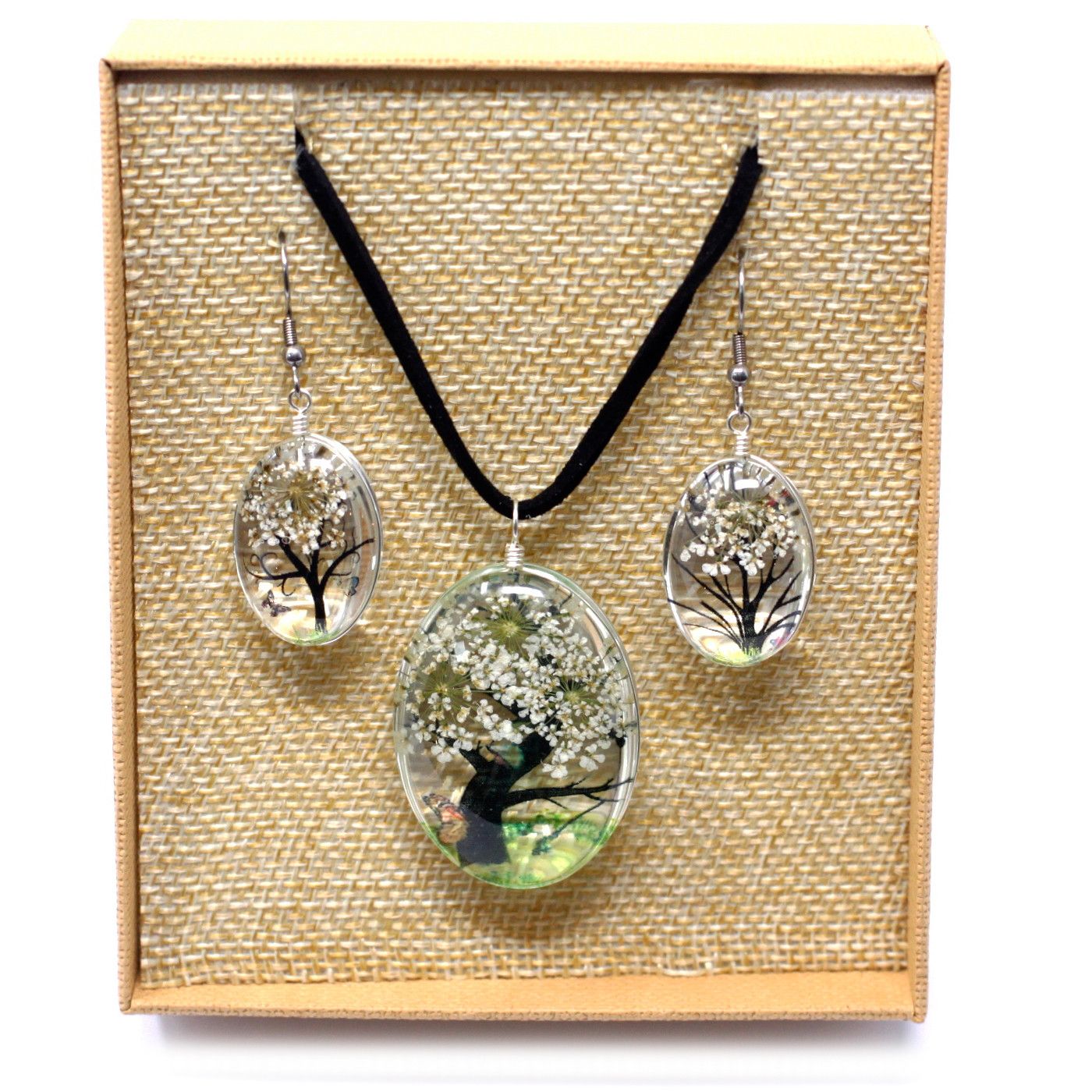 Conjunto Árbol de la Vida Blanco – Collar y Pendientes