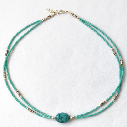 Collar nepalí extrafino de dos líneas - Colgante de turquesa y lapislázuli