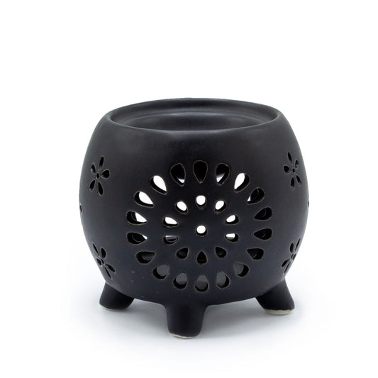 Quemador de Aceite Negro Mate – Diseño Flor en Maceta