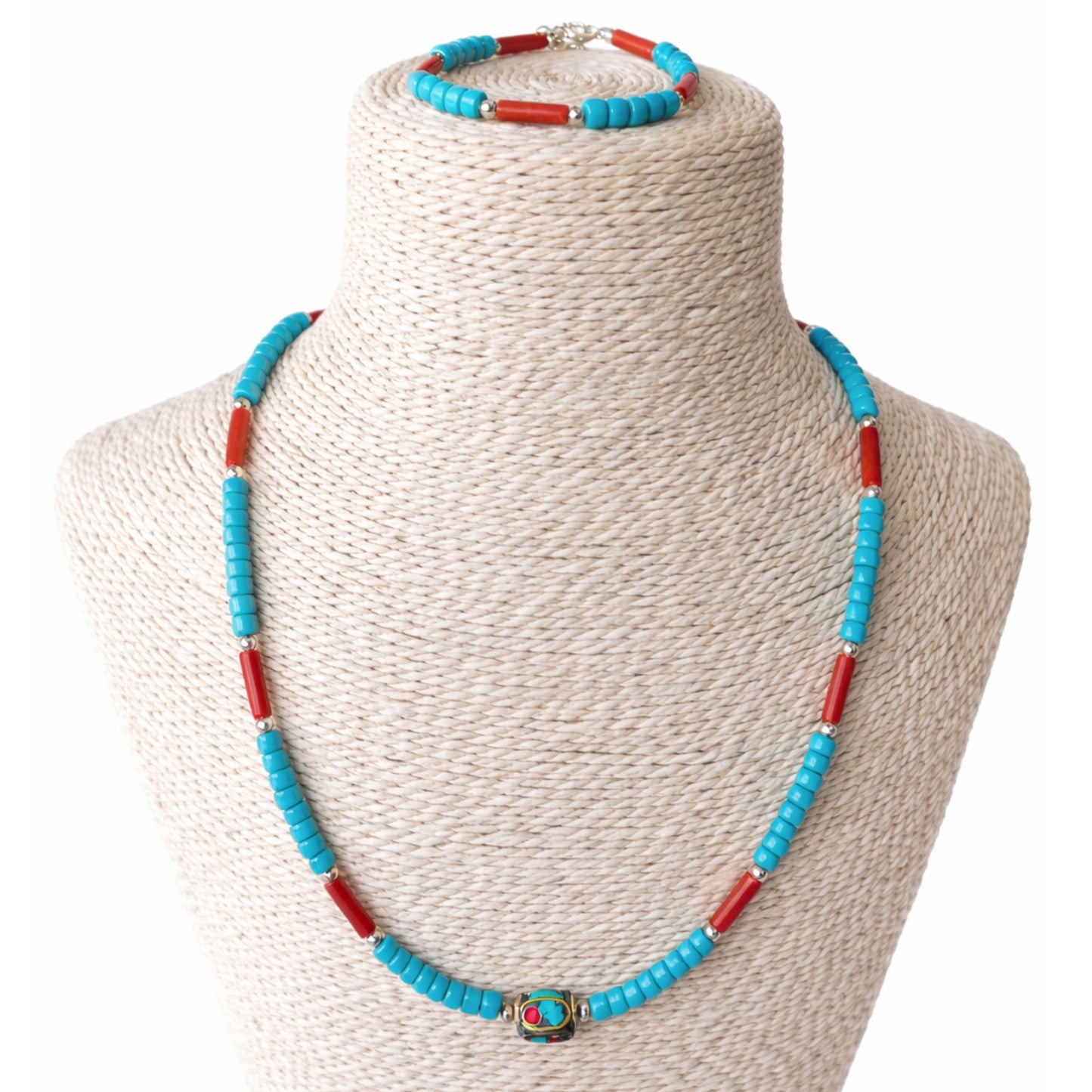 Collar Nepalí Turquesa y Coral + Pulsera Artesanal | Joyería Boho Étnica