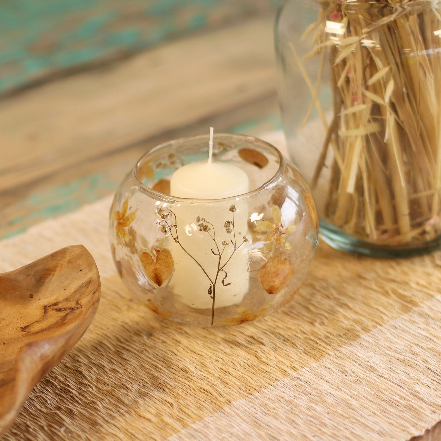 Portavelas de vidrio floral natural – Cuenco grande rosa