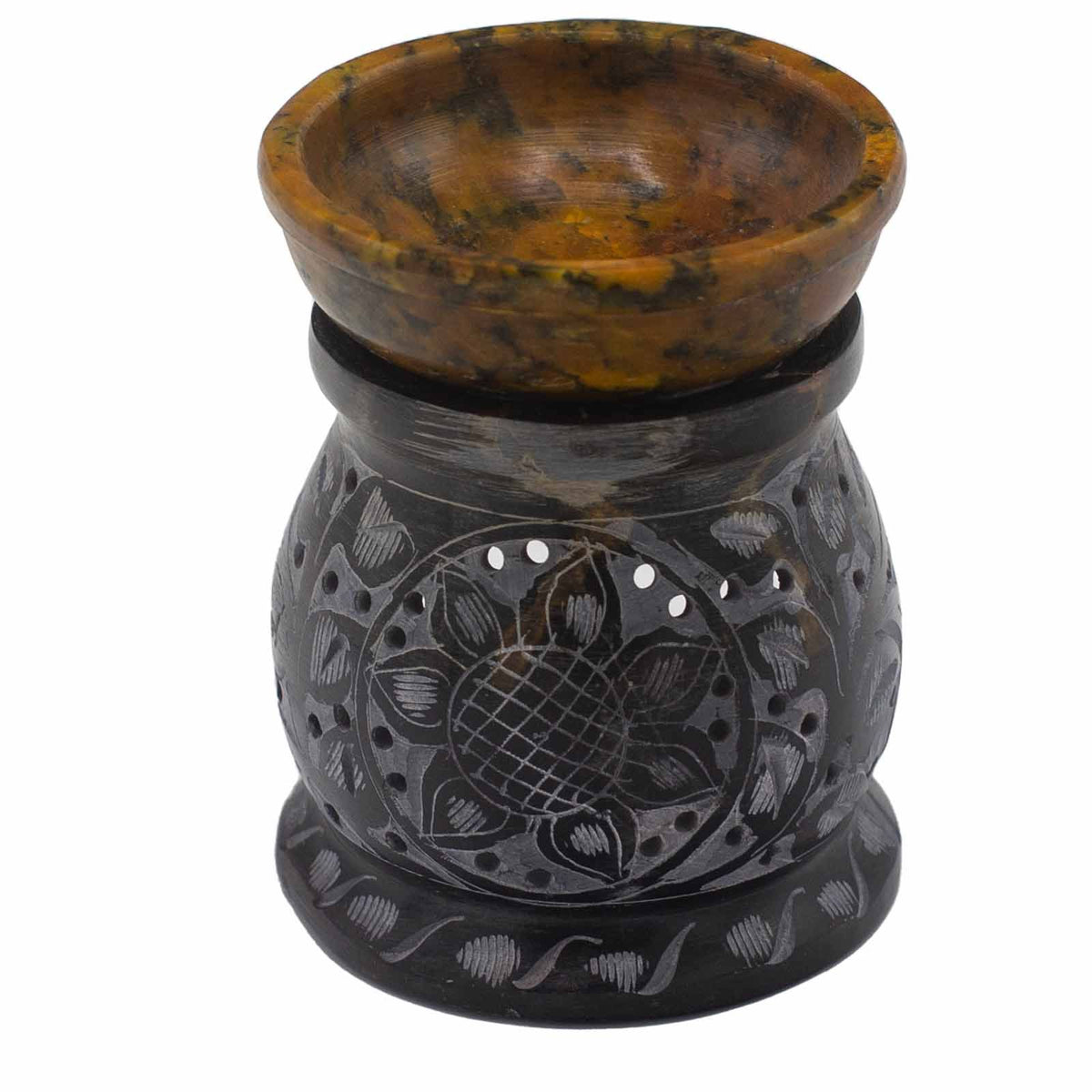 Quemador de Aceite de Esteatita 10 cm – Flor de Mandala Negro y Amarillo