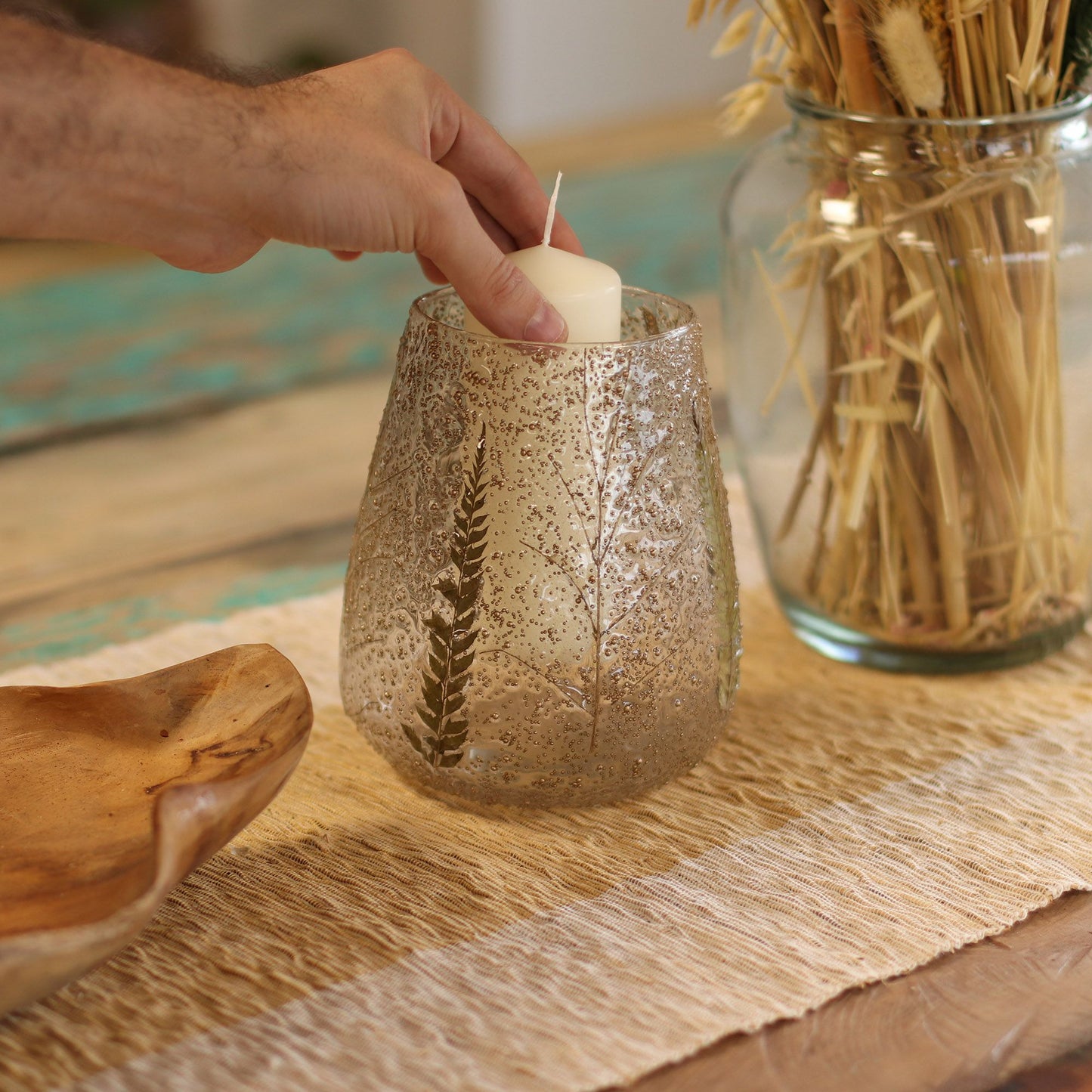 Portavelas de vidrio floral natural – Cuenco grande