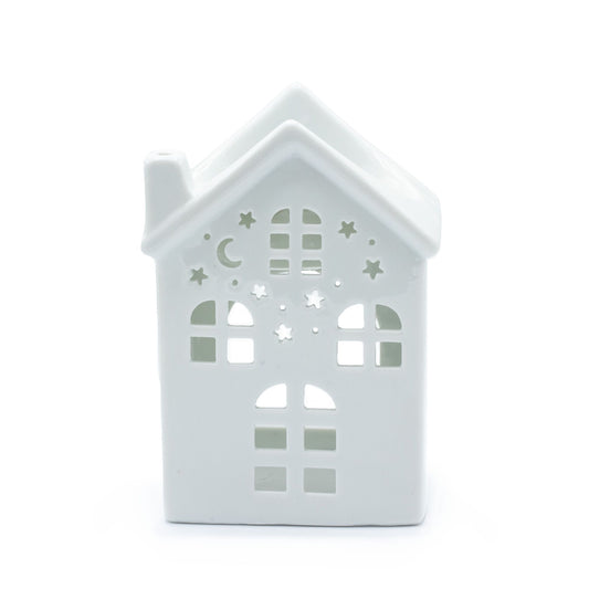 Quemador de Aceite Cerámica Blanca – Diseño Casita Calada