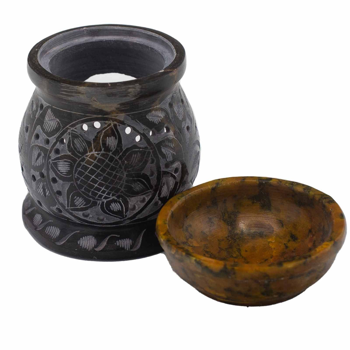 Quemador de Aceite de Esteatita 10 cm – Flor de Mandala Negro y Amarillo