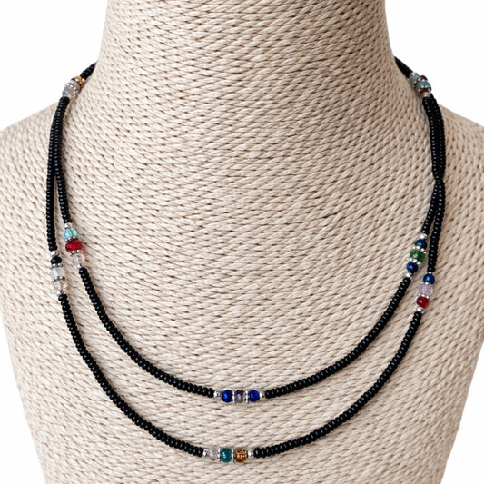 Collar Doble Hilo de Ónix Negro Artesanal Nepalí 42 cm