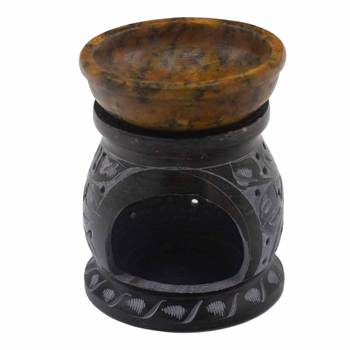 Quemador de Aceite de Esteatita 10 cm – Flor de Mandala Negro y Amarillo