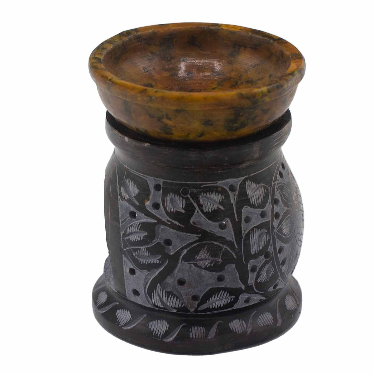 Quemador de Aceite de Esteatita 10 cm – Flor de Mandala Negro y Amarillo
