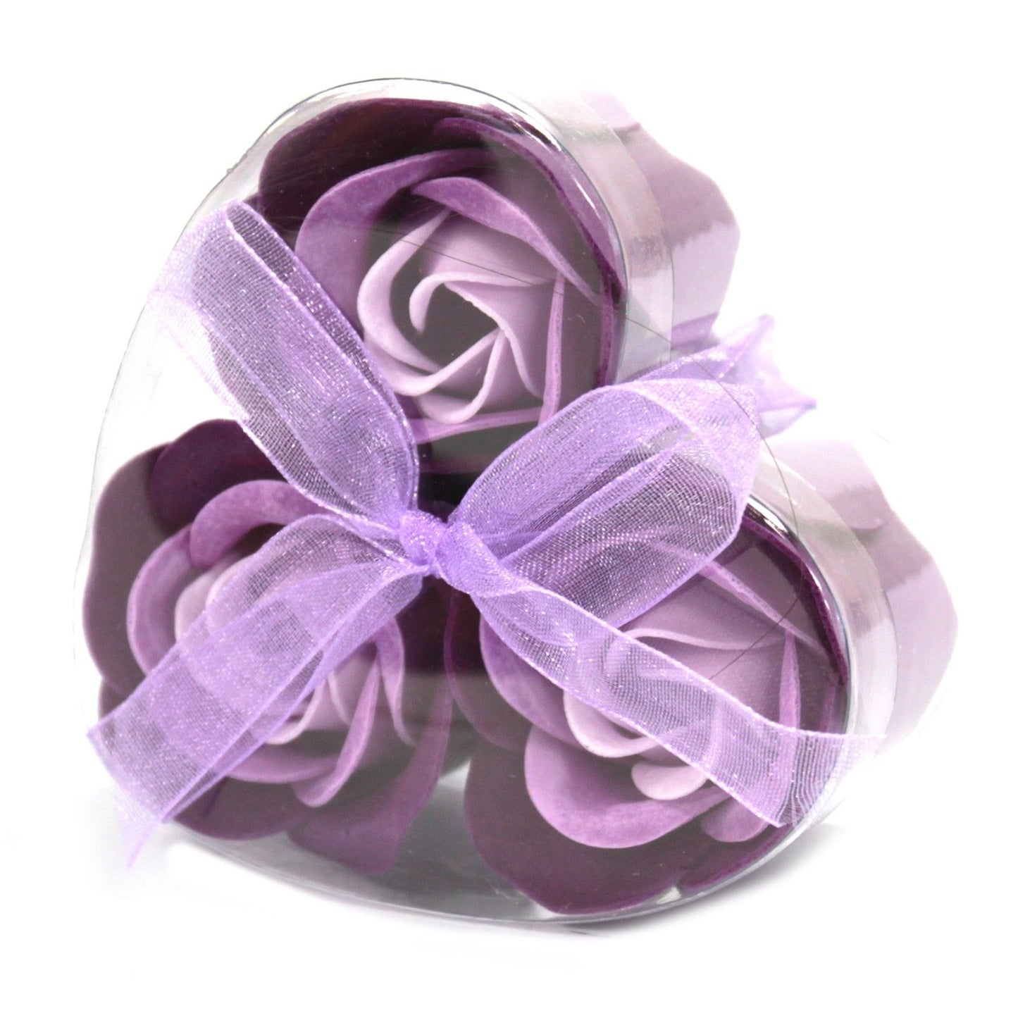 Set de 3 flores de jabón en caja corazón – Rosas lavanda