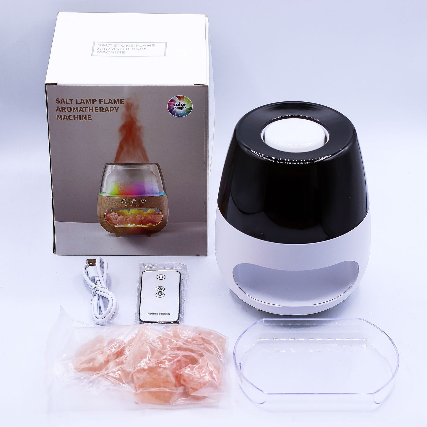 Difusor de Aroma de Sal de Roca con Efecto Llama – USB, Luz LED y Temporizador