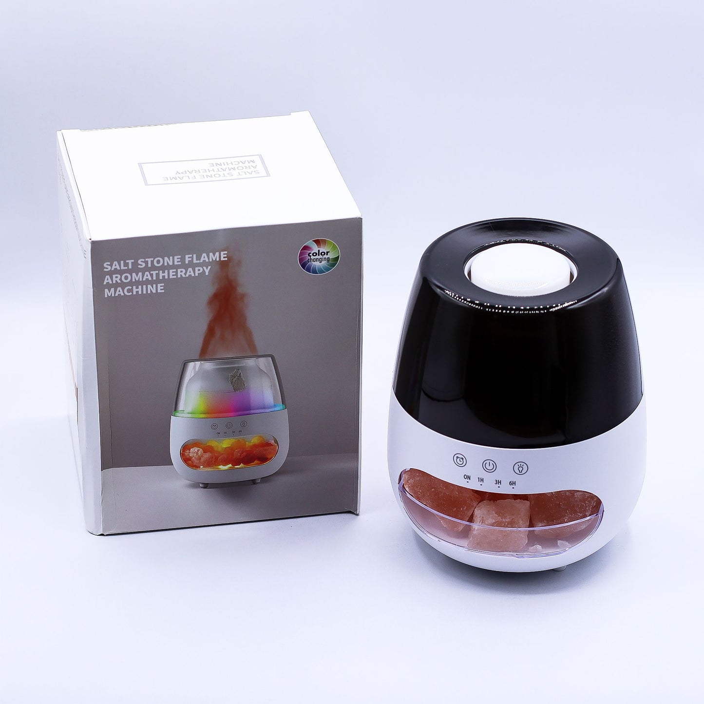 Difusor de Aroma de Sal de Roca con Efecto Llama – USB, Luz LED y Temporizador