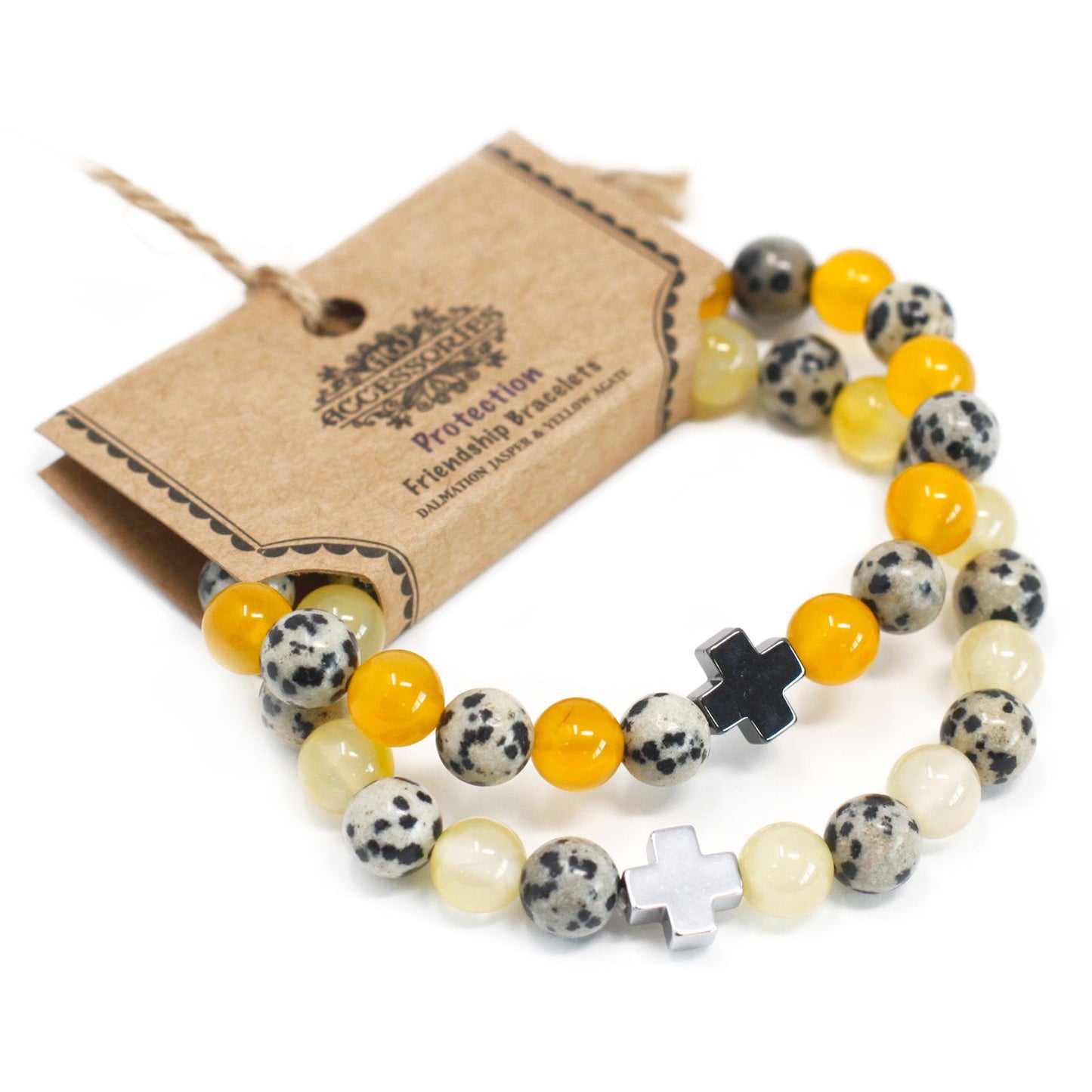 Set de 2 Pulseras de Jaspe Dálmata y Ágata Amarilla – Protección y Vitalidad