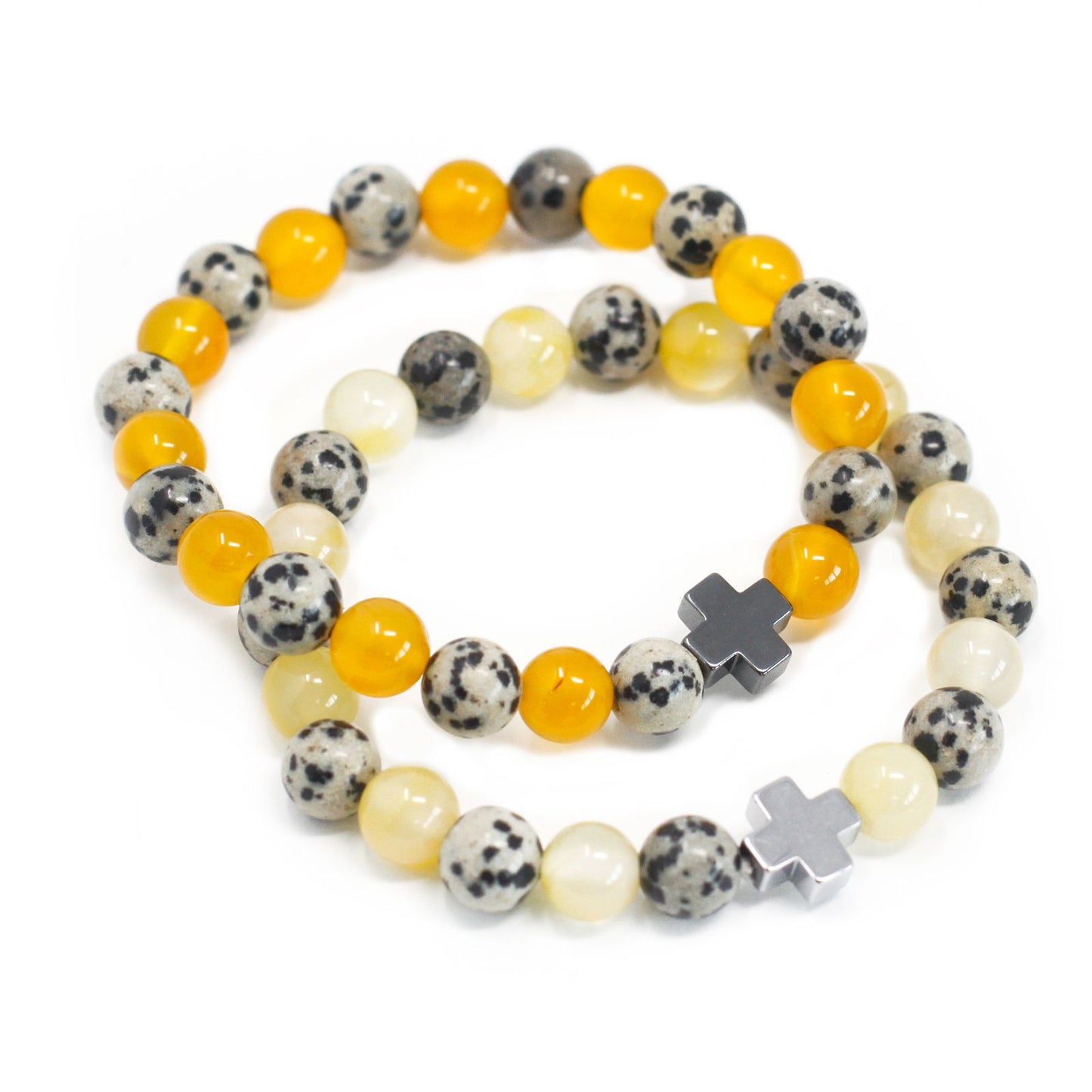 Set de 2 Pulseras de Jaspe Dálmata y Ágata Amarilla – Protección y Vitalidad
