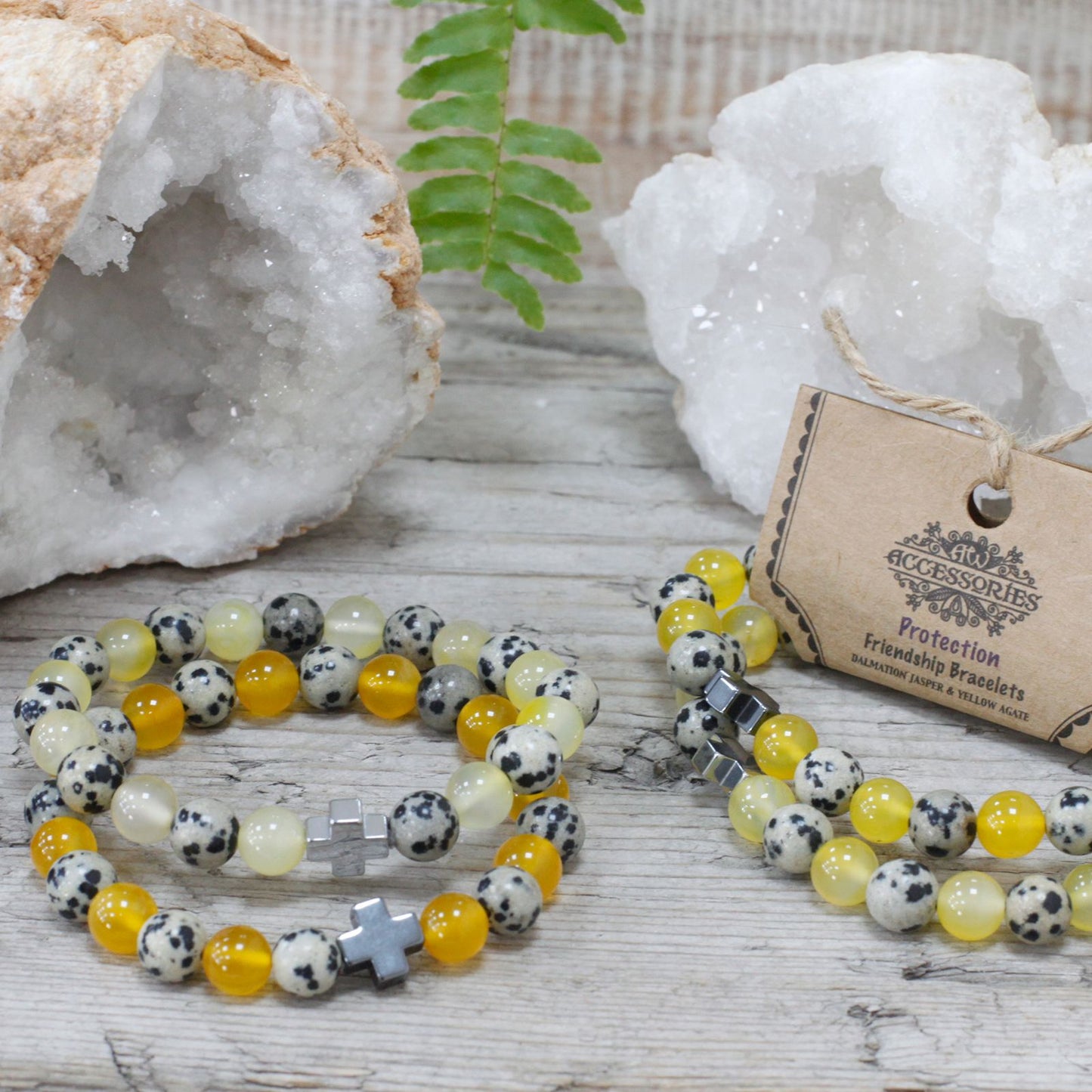 Set de 2 Pulseras de Jaspe Dálmata y Ágata Amarilla – Protección y Vitalidad