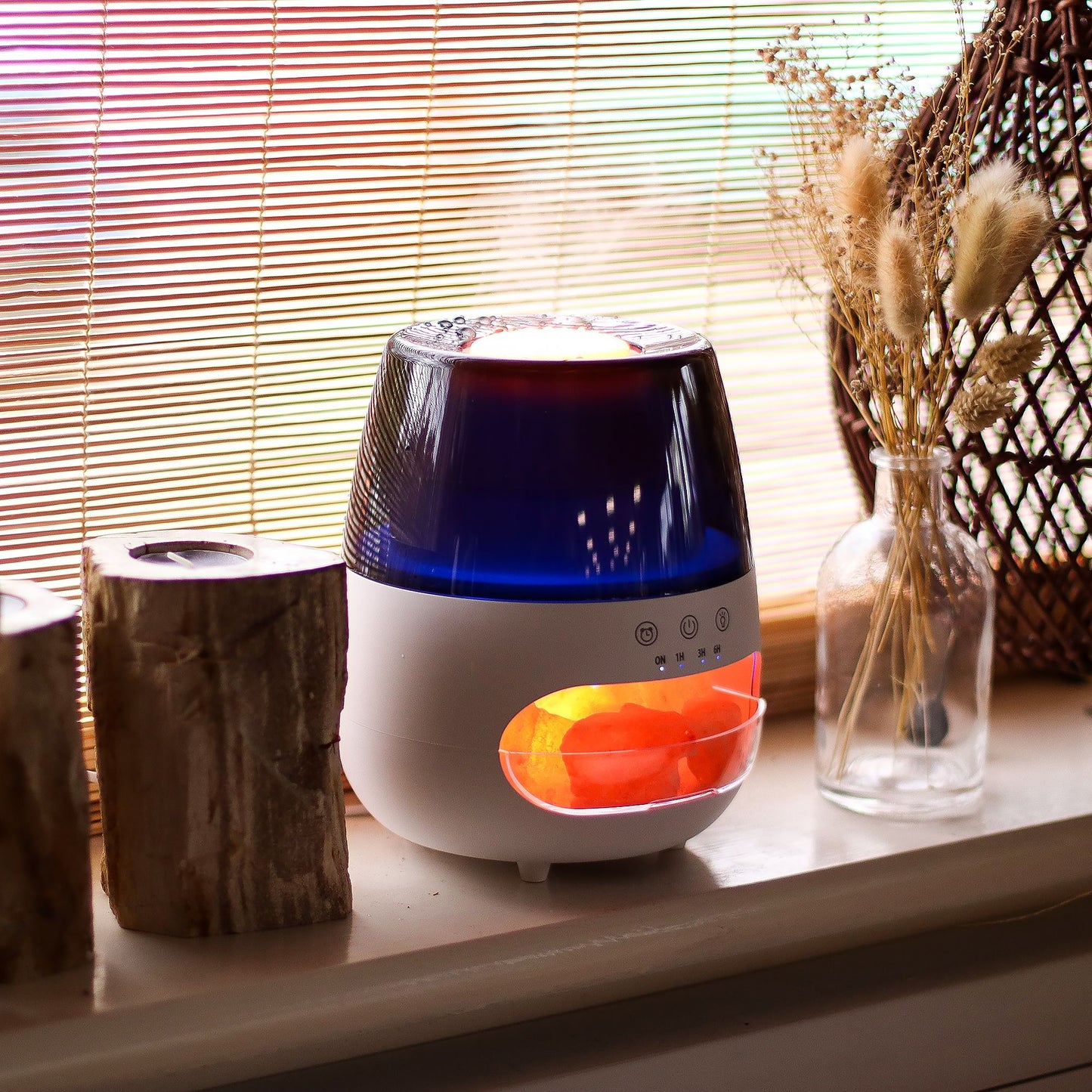 Difusor de Aroma de Sal de Roca con Efecto Llama – USB, Luz LED y Temporizador